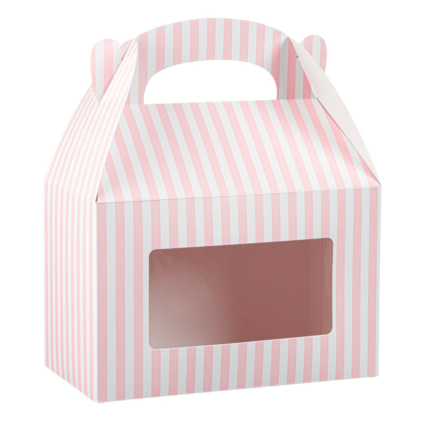 Bio Tek Pink and White Stripe Gable Box / Take Out Container - with Window - 8 1/2" x 4 3/4" x 5 1/2" - 25 count box