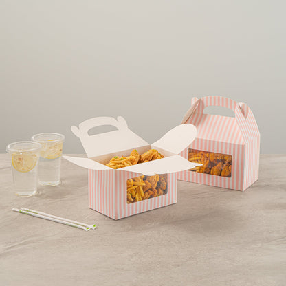Bio Tek Pink and White Stripe Gable Box / Take Out Container - with Window - 8 1/2" x 4 3/4" x 5 1/2" - 25 count box