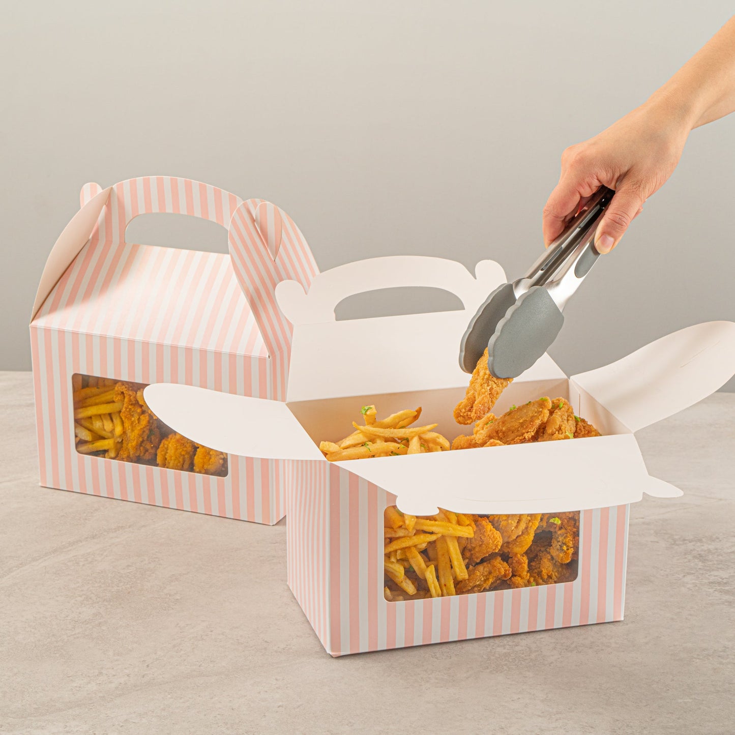 Bio Tek Pink and White Stripe Gable Box / Take Out Container - with Window - 8 1/2" x 4 3/4" x 5 1/2" - 25 count box