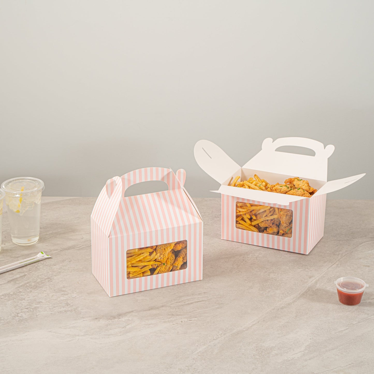 Bio Tek Pink and White Stripe Gable Box / Take Out Container - with Window - 8 1/2" x 4 3/4" x 5 1/2" - 25 count box