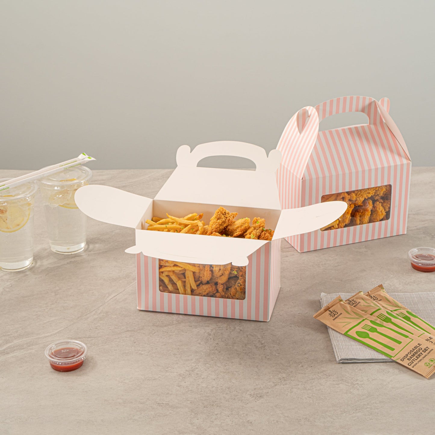 Bio Tek Pink and White Stripe Paper Gable Box / Take Out Container - with Window - 8 1/2" x 4 3/4" x 5 1/2" - 100 count box