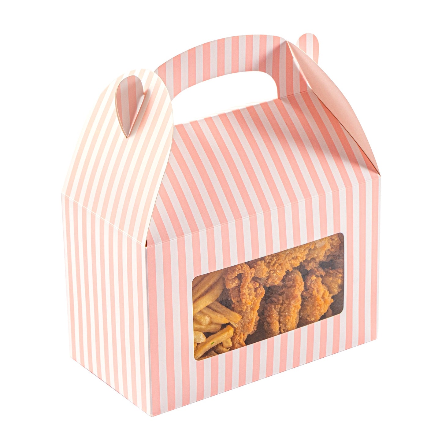 Bio Tek Pink and White Stripe Paper Gable Box / Take Out Container - with Window - 8 1/2" x 4 3/4" x 5 1/2" - 100 count box