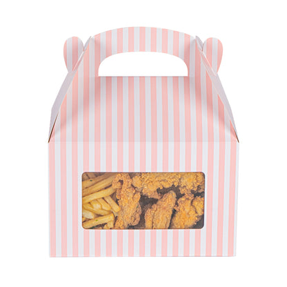Bio Tek Pink and White Stripe Paper Gable Box / Take Out Container - with Window - 8 1/2" x 4 3/4" x 5 1/2" - 100 count box