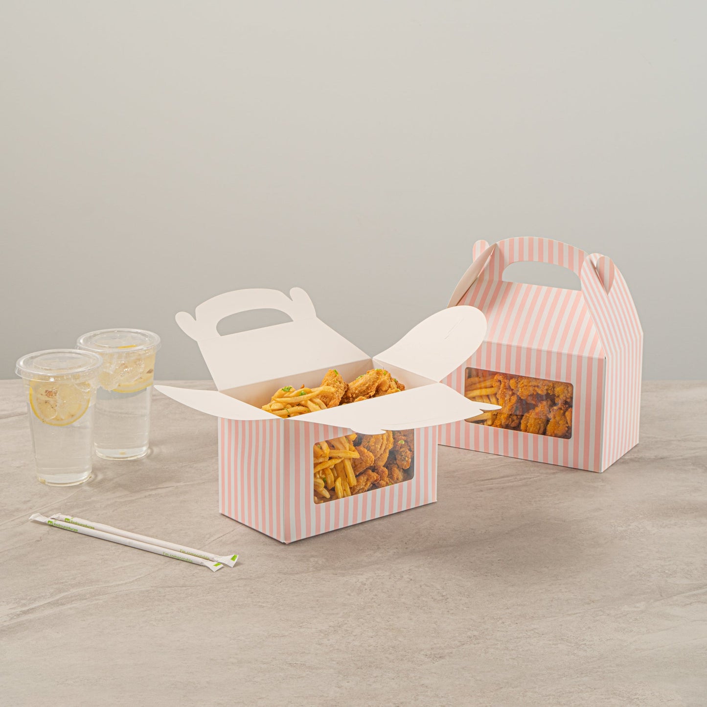 Bio Tek Pink and White Stripe Paper Gable Box / Take Out Container - with Window - 8 1/2" x 4 3/4" x 5 1/2" - 100 count box