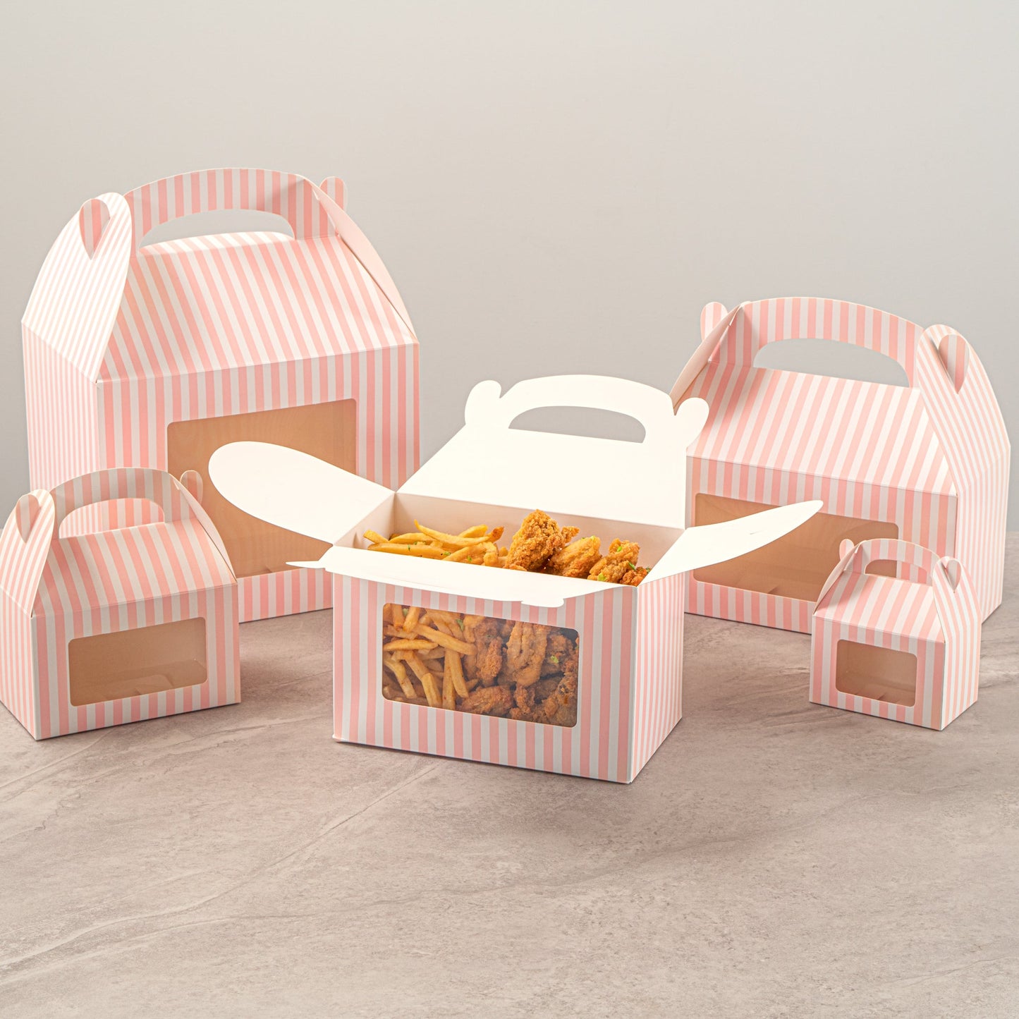 Bio Tek Pink and White Stripe Paper Gable Box / Take Out Container - with Window - 8 1/2" x 4 3/4" x 5 1/2" - 100 count box
