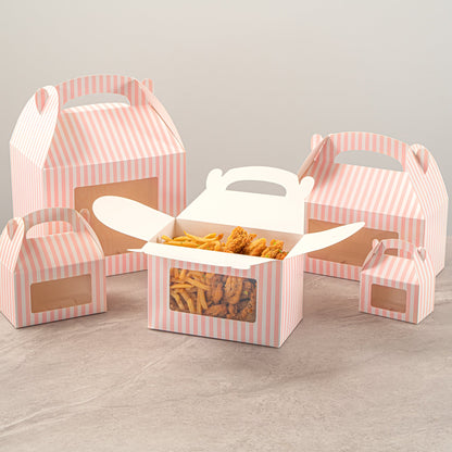 Bio Tek Pink and White Stripe Paper Gable Box / Take Out Container - with Window - 8 1/2" x 4 3/4" x 5 1/2" - 100 count box