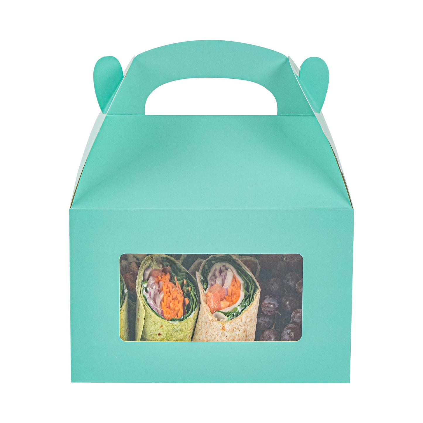 Bio Tek Turquoise Paper Gable Box / Take Out Container - with Window - 8 1/2" x 4 3/4" x 5 1/2" - 25 count box