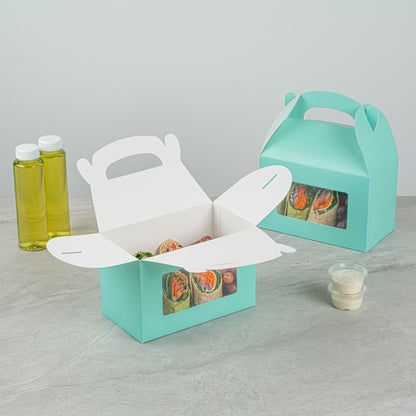 Bio Tek Turquoise Paper Gable Box / Take Out Container - with Window - 8 1/2" x 4 3/4" x 5 1/2" - 25 count box