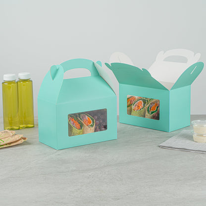 Bio Tek Turquoise Paper Gable Box / Take Out Container - with Window - 8 1/2" x 4 3/4" x 5 1/2" - 25 count box