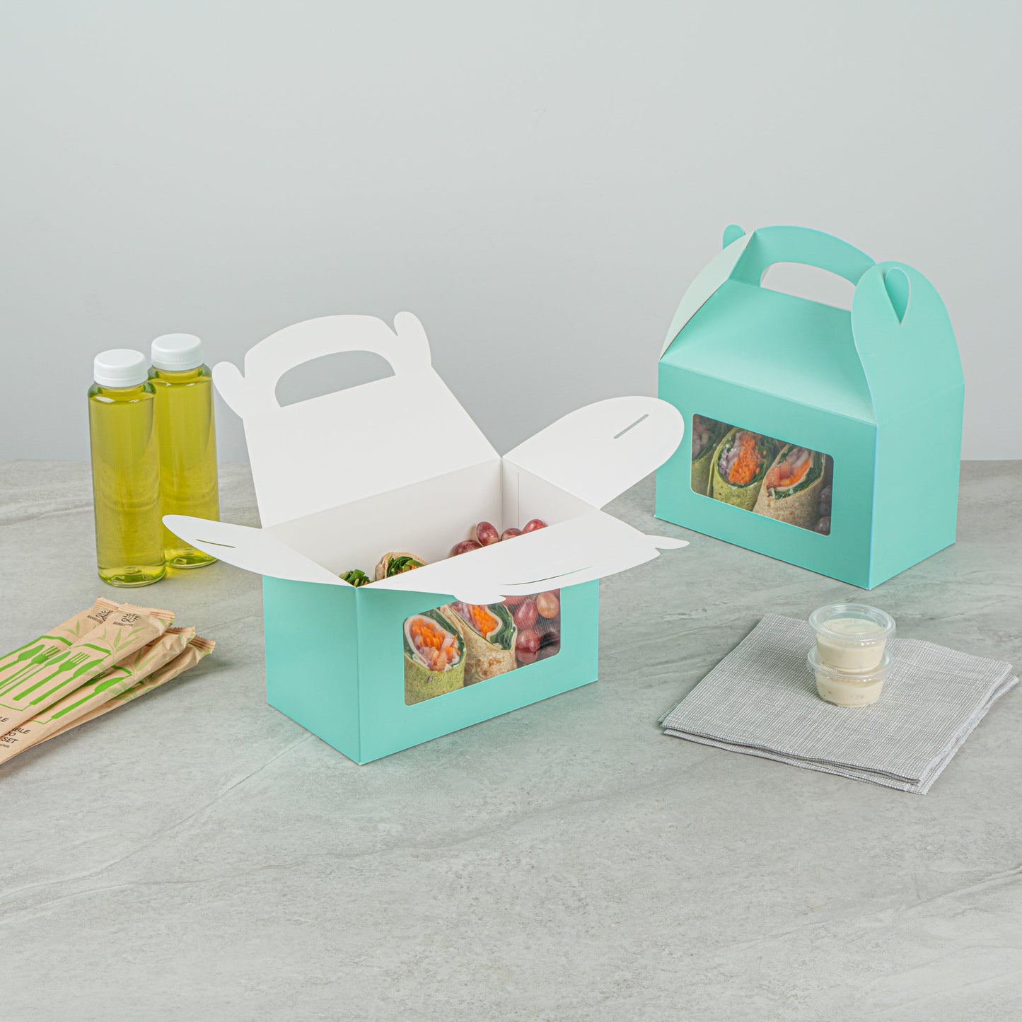 Bio Tek Turquoise Paper Gable Box / Take Out Container - with Window - 8 1/2" x 4 3/4" x 5 1/2" - 100 count box
