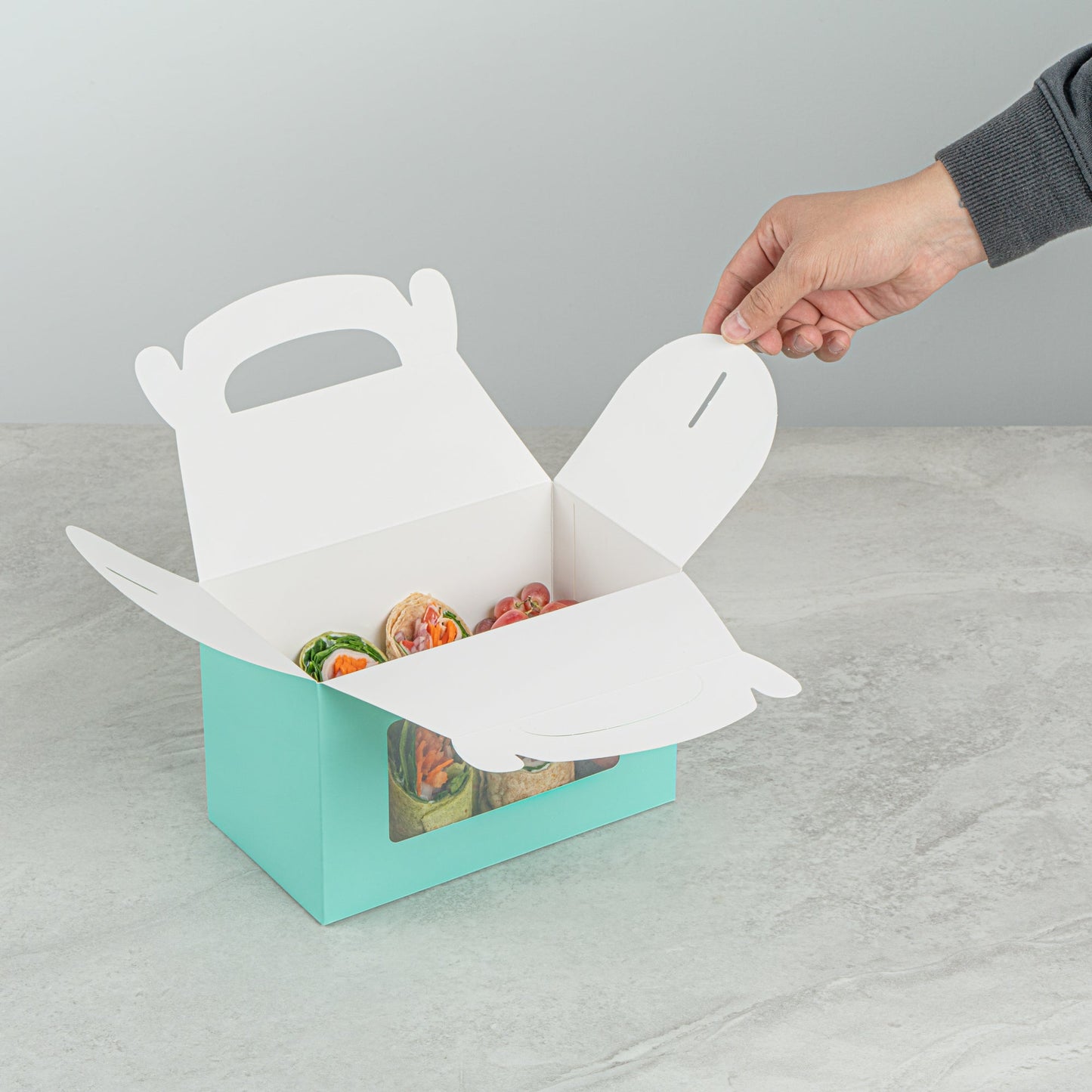 Bio Tek Turquoise Paper Gable Box / Take Out Container - with Window - 8 1/2" x 4 3/4" x 5 1/2" - 100 count box