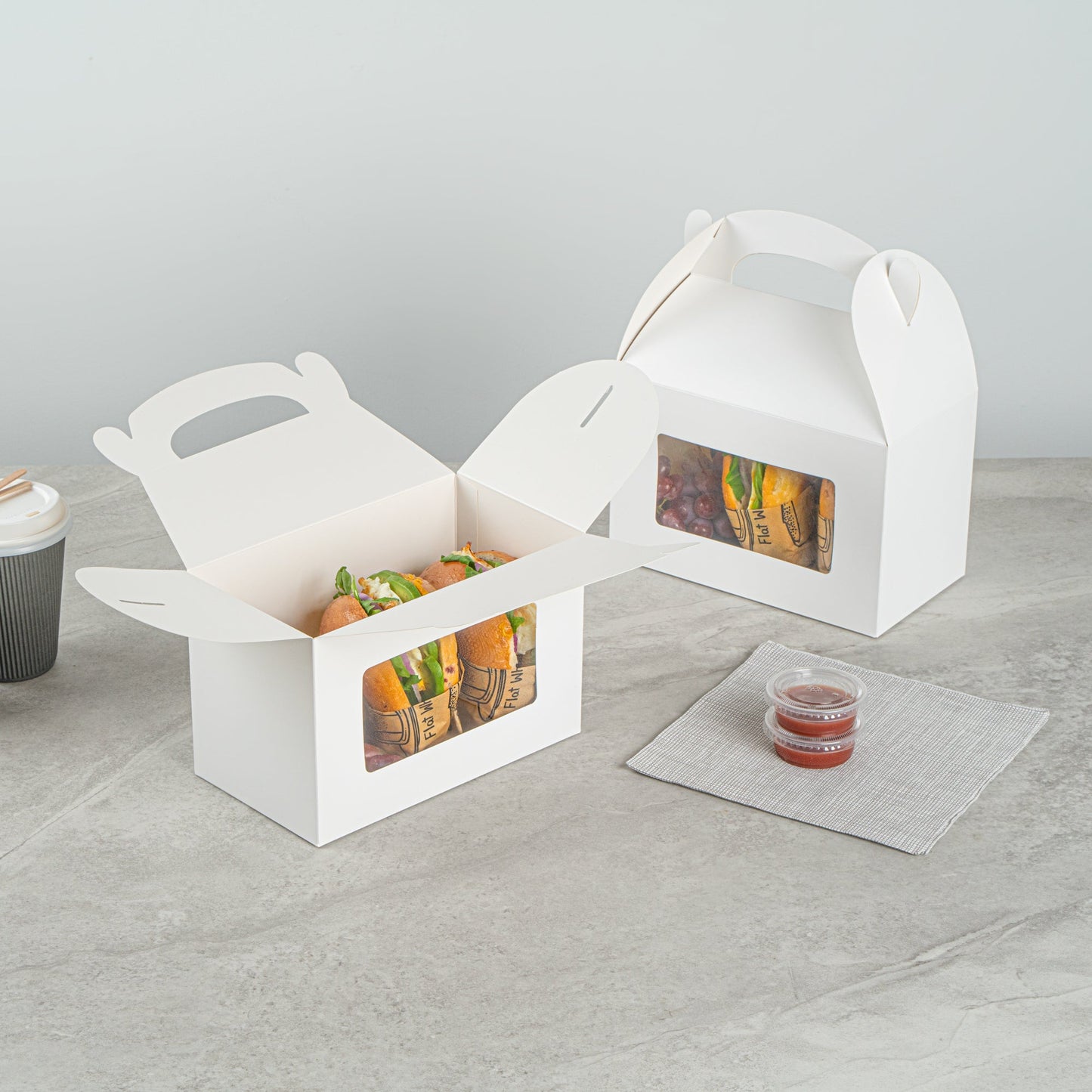 Bio Tek White Paper Gable Box / Take Out Container - Greaseproof, with Window - 8 1/2" x 4 3/4" x 5 1/2" - 25 count box