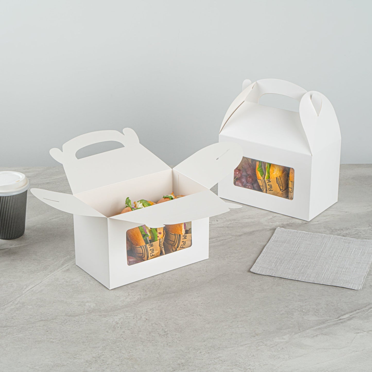 Bio Tek White Paper Gable Box / Take Out Container - Greaseproof, with Window - 8 1/2" x 4 3/4" x 5 1/2" - 25 count box