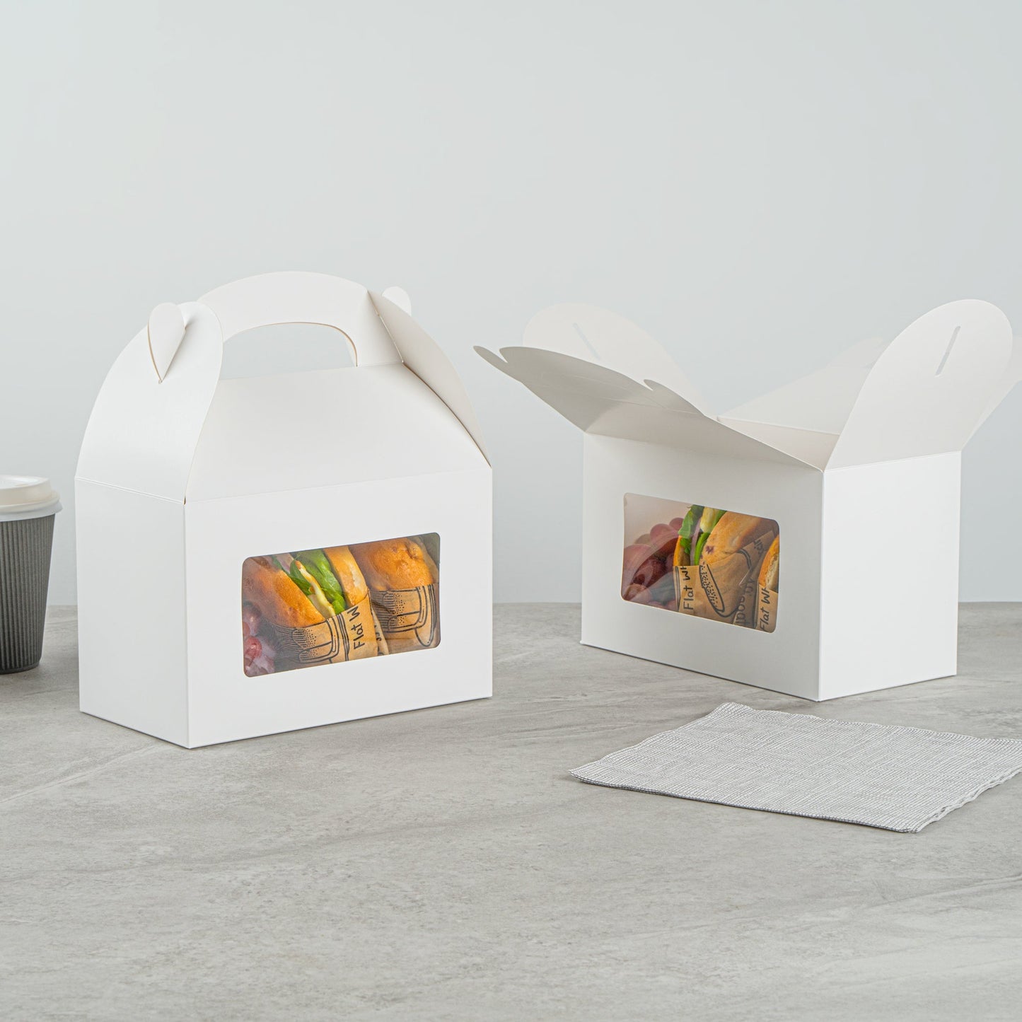 Bio Tek White Paper Gable Box / Take Out Container - Greaseproof, with Window - 8 1/2" x 4 3/4" x 5 1/2" - 100 count box
