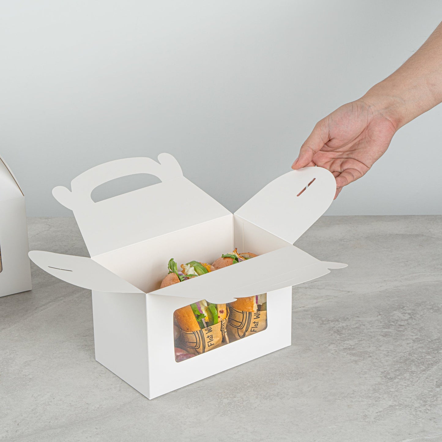 Bio Tek White Paper Gable Box / Take Out Container - Greaseproof, with Window - 8 1/2" x 4 3/4" x 5 1/2" - 100 count box