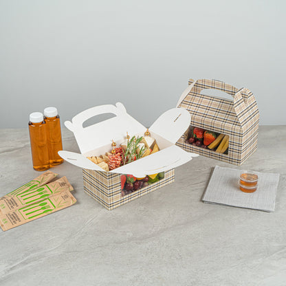 Bio Tek Plaid Paper Gable Box / Take Out Container - with Window - 9 1/2" x 5" x 5" - 25 count box
