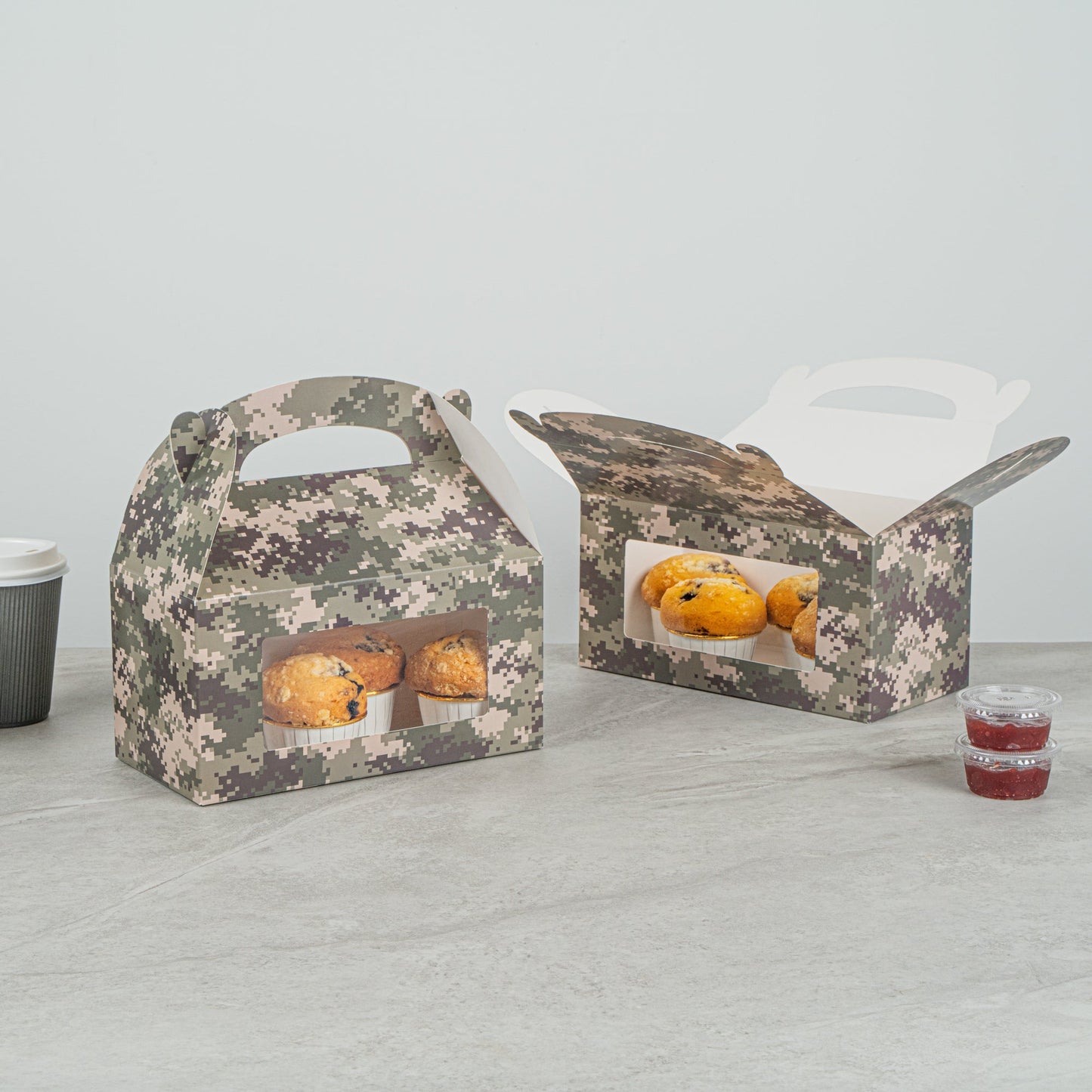 Bio Tek Camouflage Paper Gable Box / Take Out Container - with Window - 9 1/2" x 5" x 5" - 100 count box