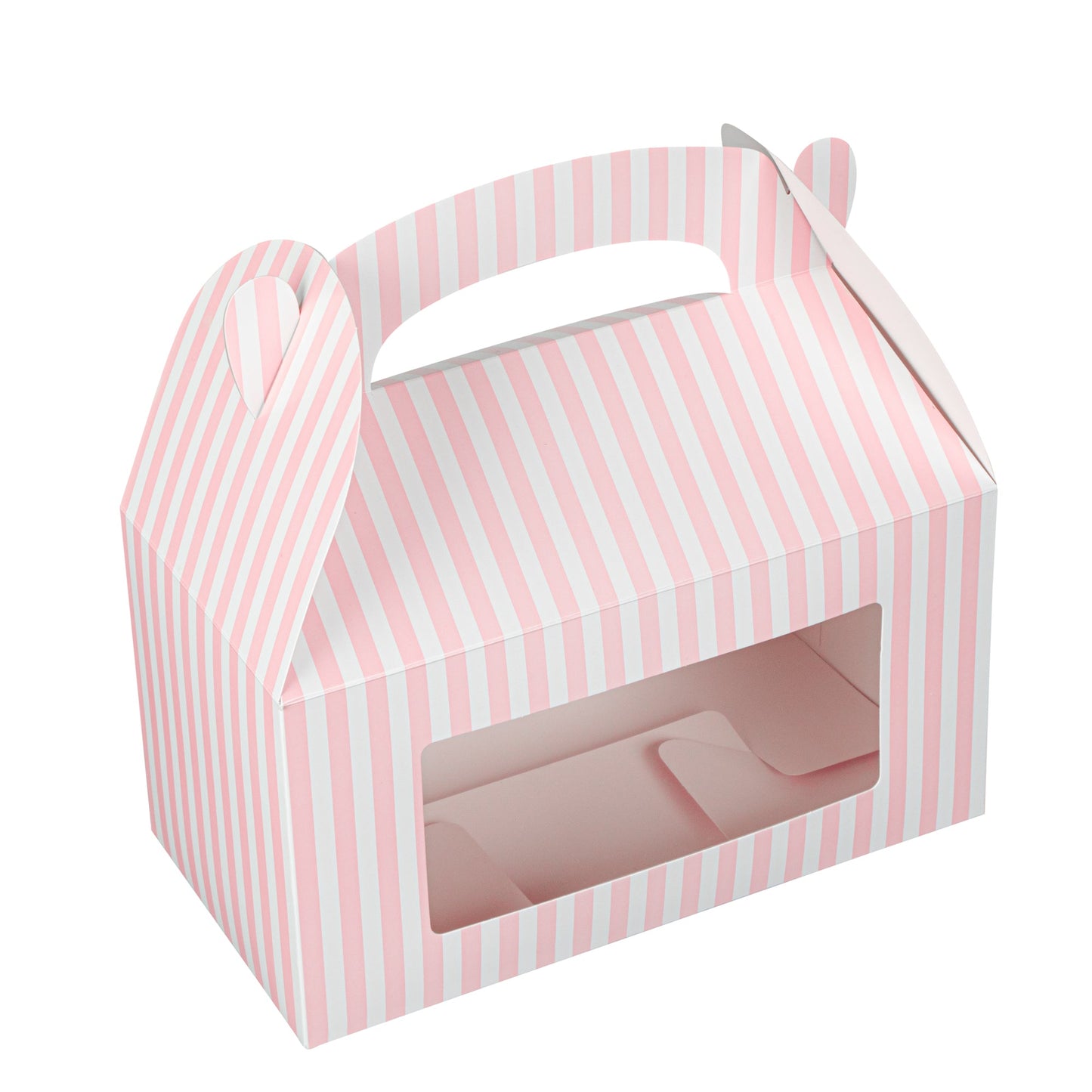 Bio Tek Pink and White Stripe Paper Gable Box / Take Out Container - with Window - 9 1/2" x 5" x 5" - 25 count box