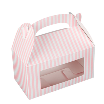 Bio Tek Pink and White Stripe Paper Gable Box / Take Out Container - with Window - 9 1/2" x 5" x 5" - 25 count box