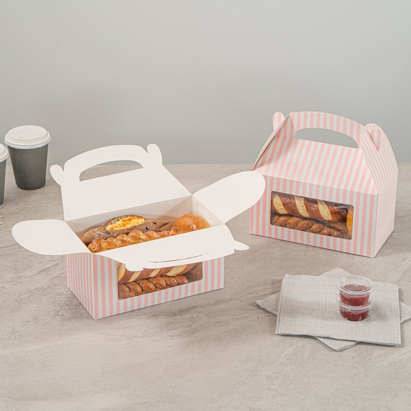 Bio Tek Pink and White Stripe Paper Gable Box / Take Out Container - with Window - 9 1/2" x 5" x 5" - 25 count box