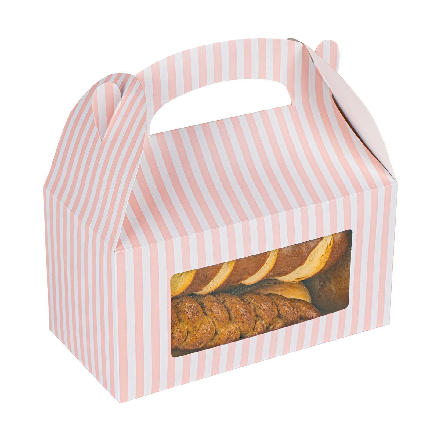 Bio Tek Pink and White Stripe Paper Gable Box / Take Out Container - with Window - 9 1/2" x 5" x 5" - 25 count box