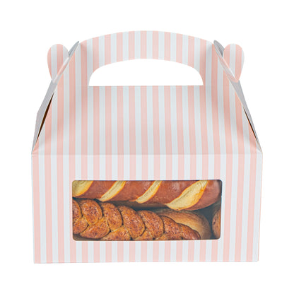 Bio Tek Pink and White Stripe Paper Gable Box / Take Out Container - with Window - 9 1/2" x 5" x 5" - 25 count box