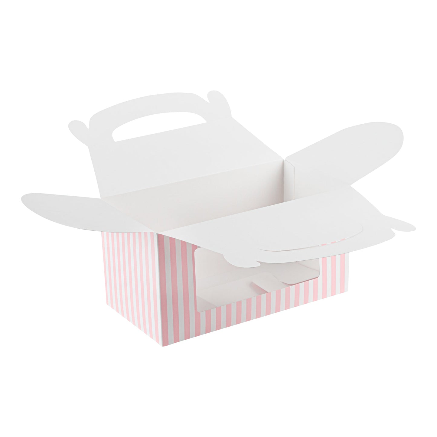 Bio Tek Pink and White Stripe Paper Gable Box / Take Out Container - with Window - 9 1/2" x 5" x 5" - 25 count box