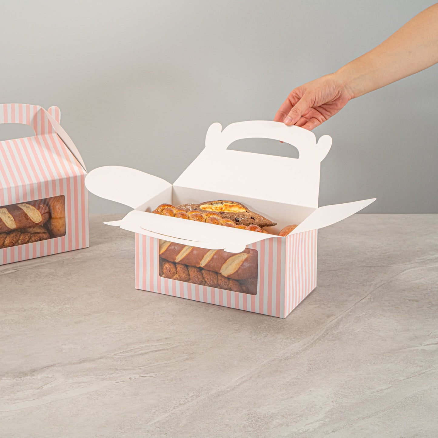 Bio Tek Pink and White Stripe Paper Gable Box / Take Out Container - with Window - 9 1/2" x 5" x 5" - 25 count box