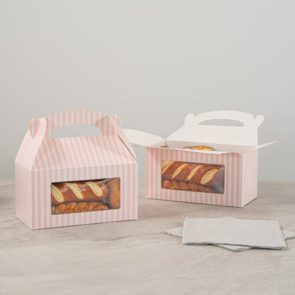 Bio Tek Pink and White Stripe Paper Gable Box / Take Out Container - with Window - 9 1/2" x 5" x 5" - 25 count box