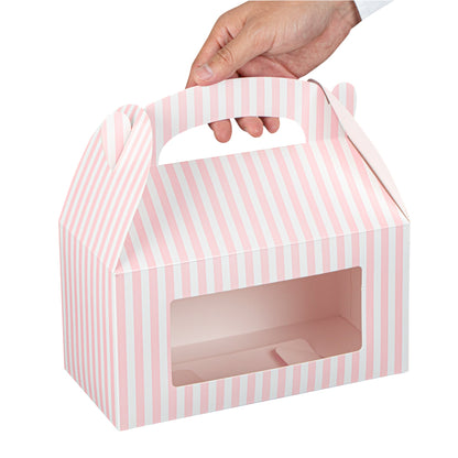 Bio Tek Pink and White Stripe Paper Gable Box / Take Out Container - with Window - 9 1/2" x 5" x 5" - 100 count box
