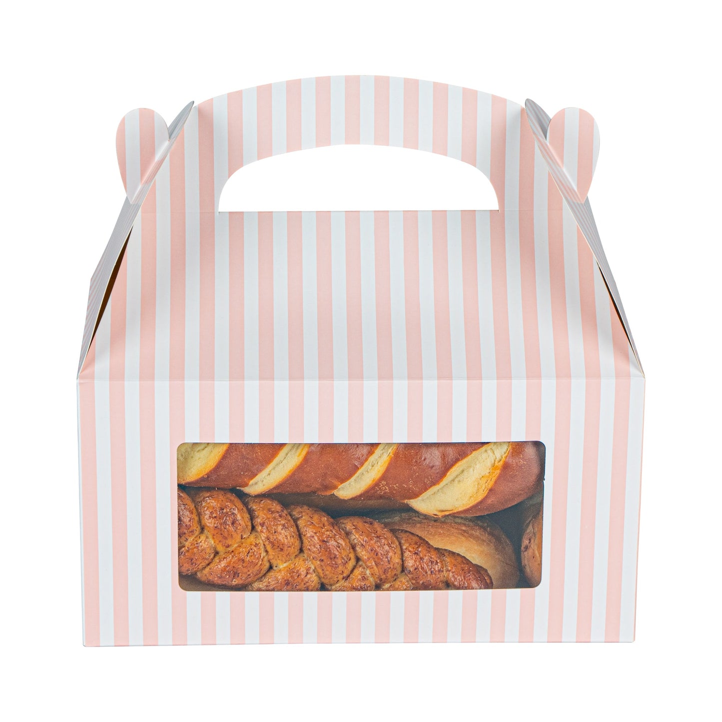Bio Tek Pink and White Stripe Paper Gable Box / Take Out Container - with Window - 9 1/2" x 5" x 5" - 100 count box
