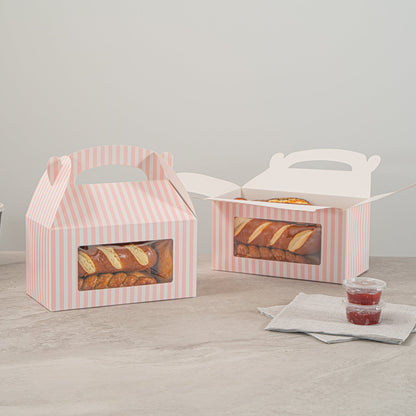 Bio Tek Pink and White Stripe Paper Gable Box / Take Out Container - with Window - 9 1/2" x 5" x 5" - 100 count box