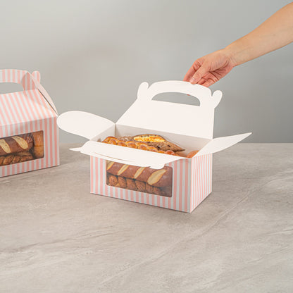 Bio Tek Pink and White Stripe Paper Gable Box / Take Out Container - with Window - 9 1/2" x 5" x 5" - 100 count box