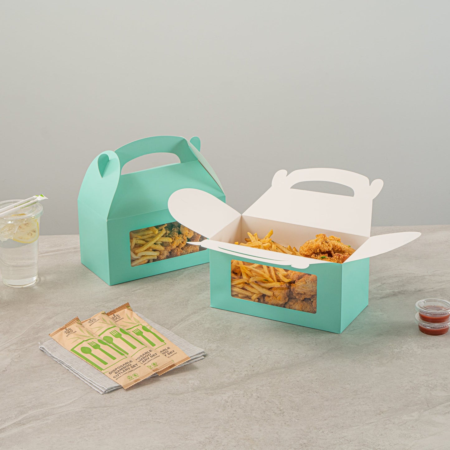 Bio Tek Turquoise Paper Gable Box / Take Out Container - with Window - 9 1/2" x 5" x 5" - 25 count box