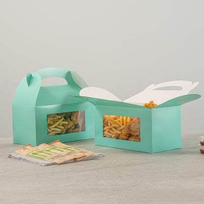 Bio Tek Turquoise Paper Gable Box / Take Out Container - with Window - 9 1/2" x 5" x 5" - 25 count box