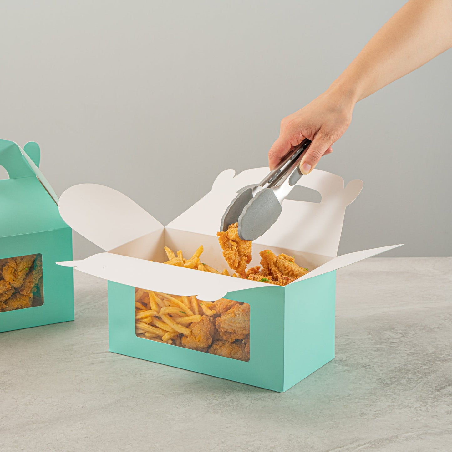 Bio Tek Turquoise Paper Gable Box / Take Out Container - with Window - 9 1/2" x 5" x 5" - 25 count box