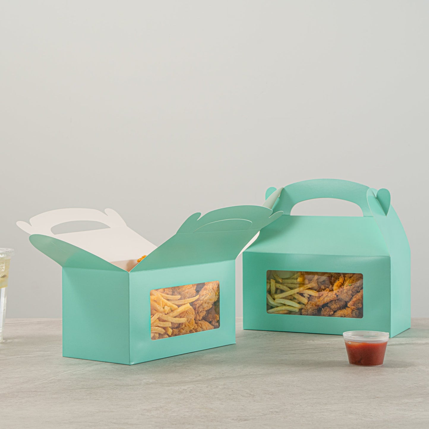 Bio Tek Turquoise Paper Gable Box / Take Out Container - with Window - 9 1/2" x 5" x 5" - 25 count box