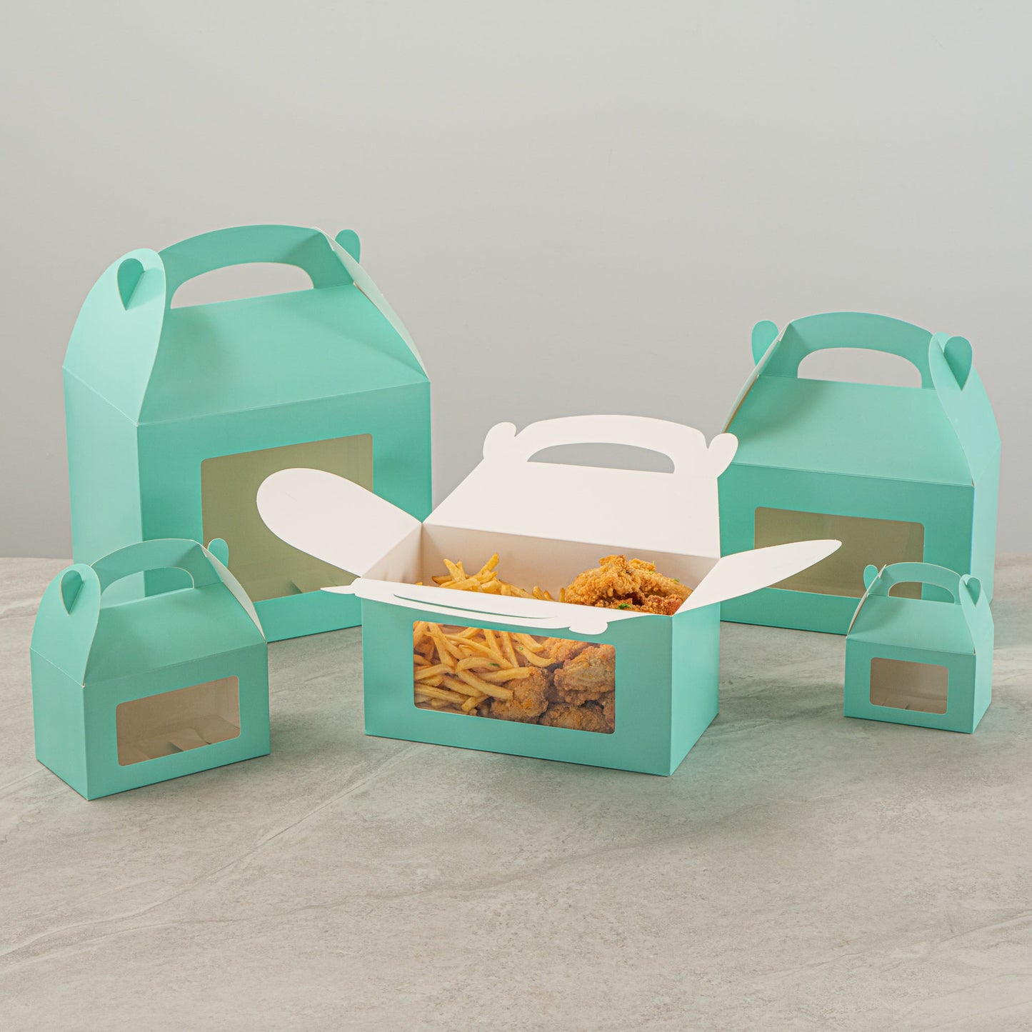 Bio Tek Turquoise Paper Gable Box / Take Out Container - with Window - 9 1/2" x 5" x 5" - 25 count box