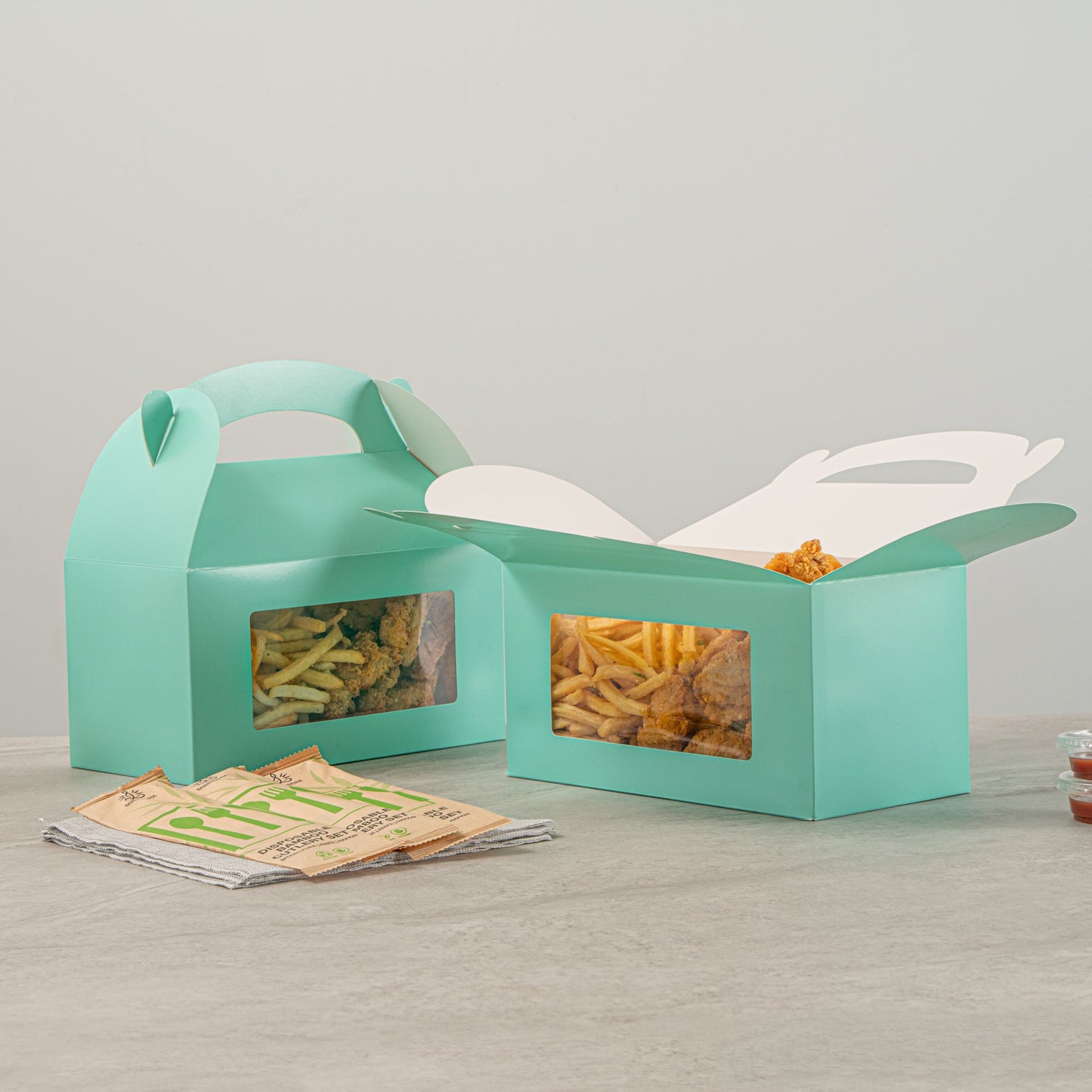 Bio Tek Turquoise Paper Gable Box / Take Out Container - with Window - 9 1/2" x 5" x 5" - 100 count box