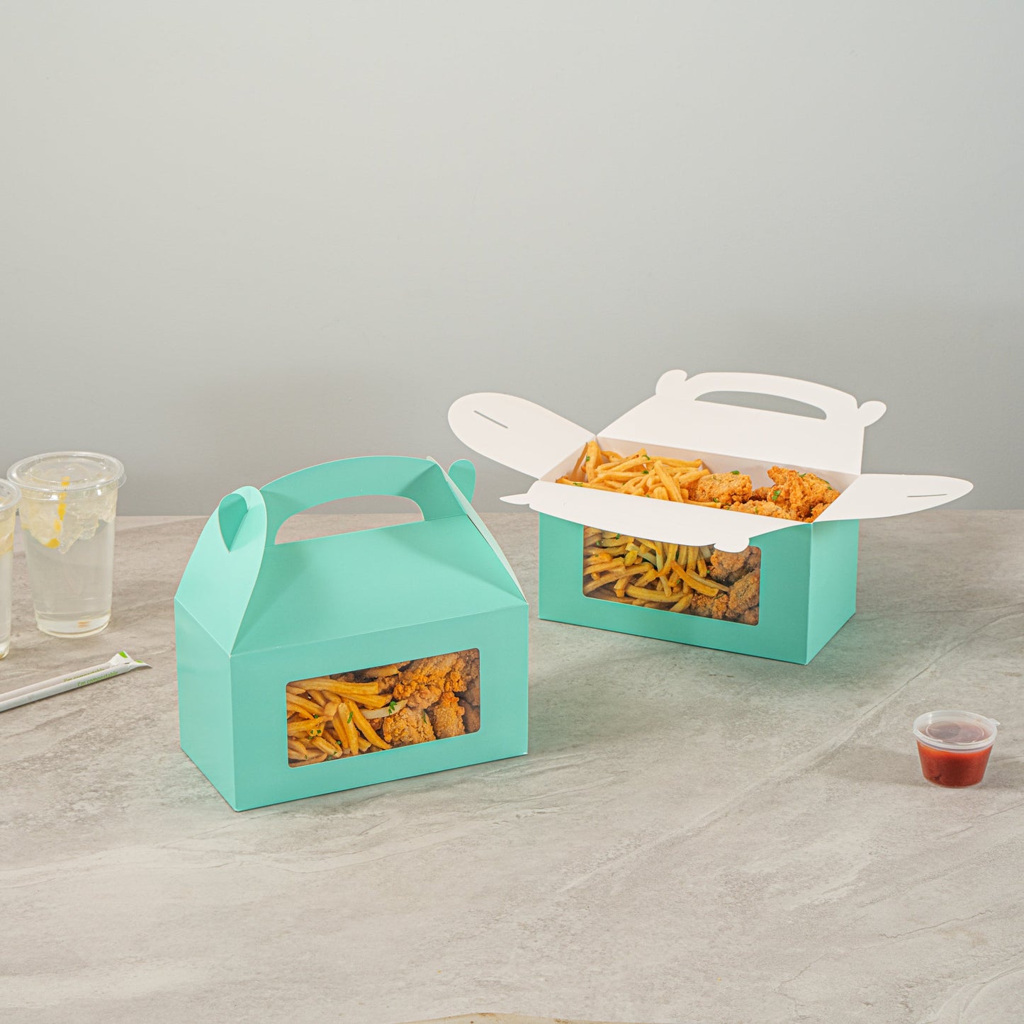 Bio Tek Turquoise Paper Gable Box / Take Out Container - with Window - 9 1/2" x 5" x 5" - 100 count box