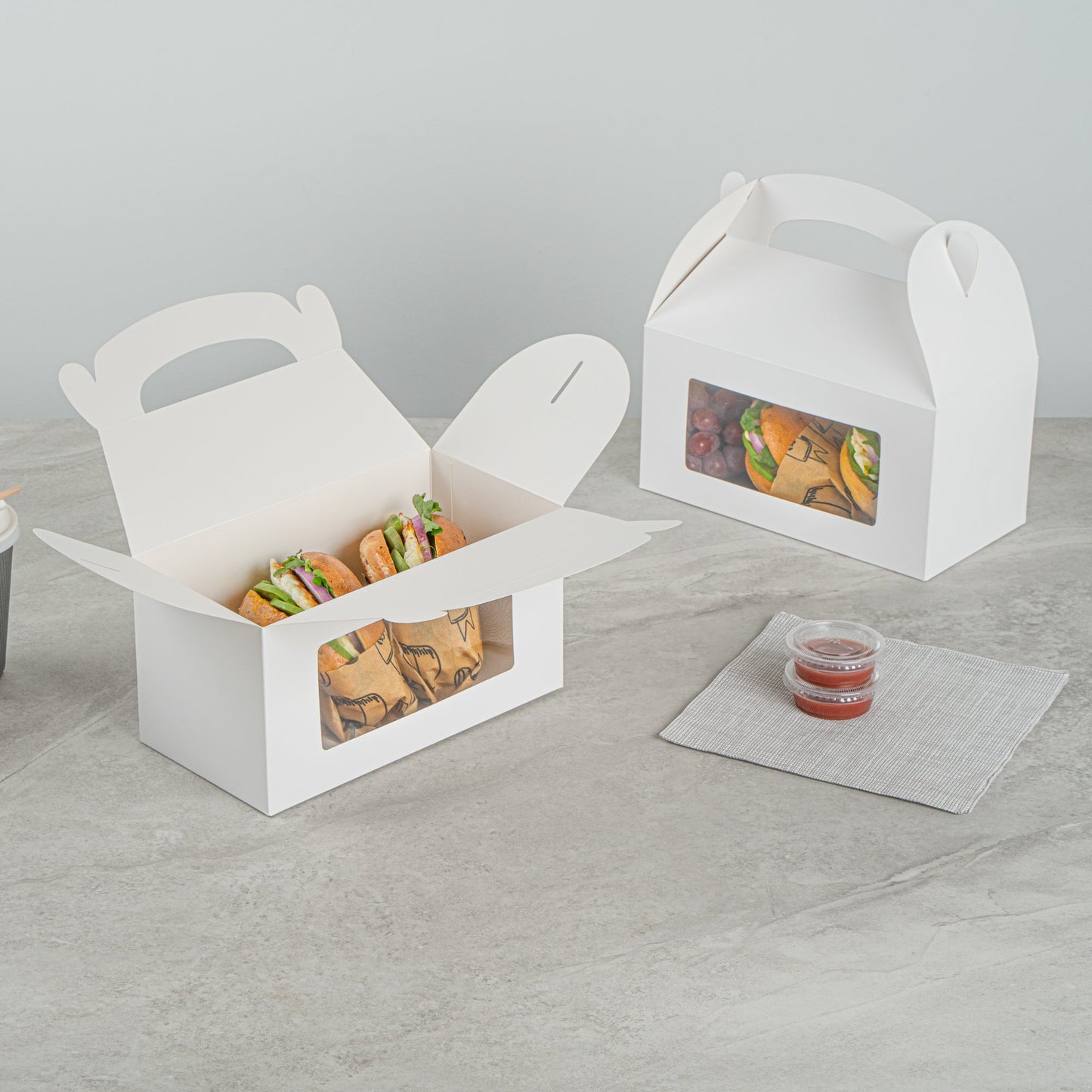 Bio Tek White Paper Gable Box / Take Out Container - Greaseproof, with Window - 9 1/2" x 5" x 5" - 25 count box