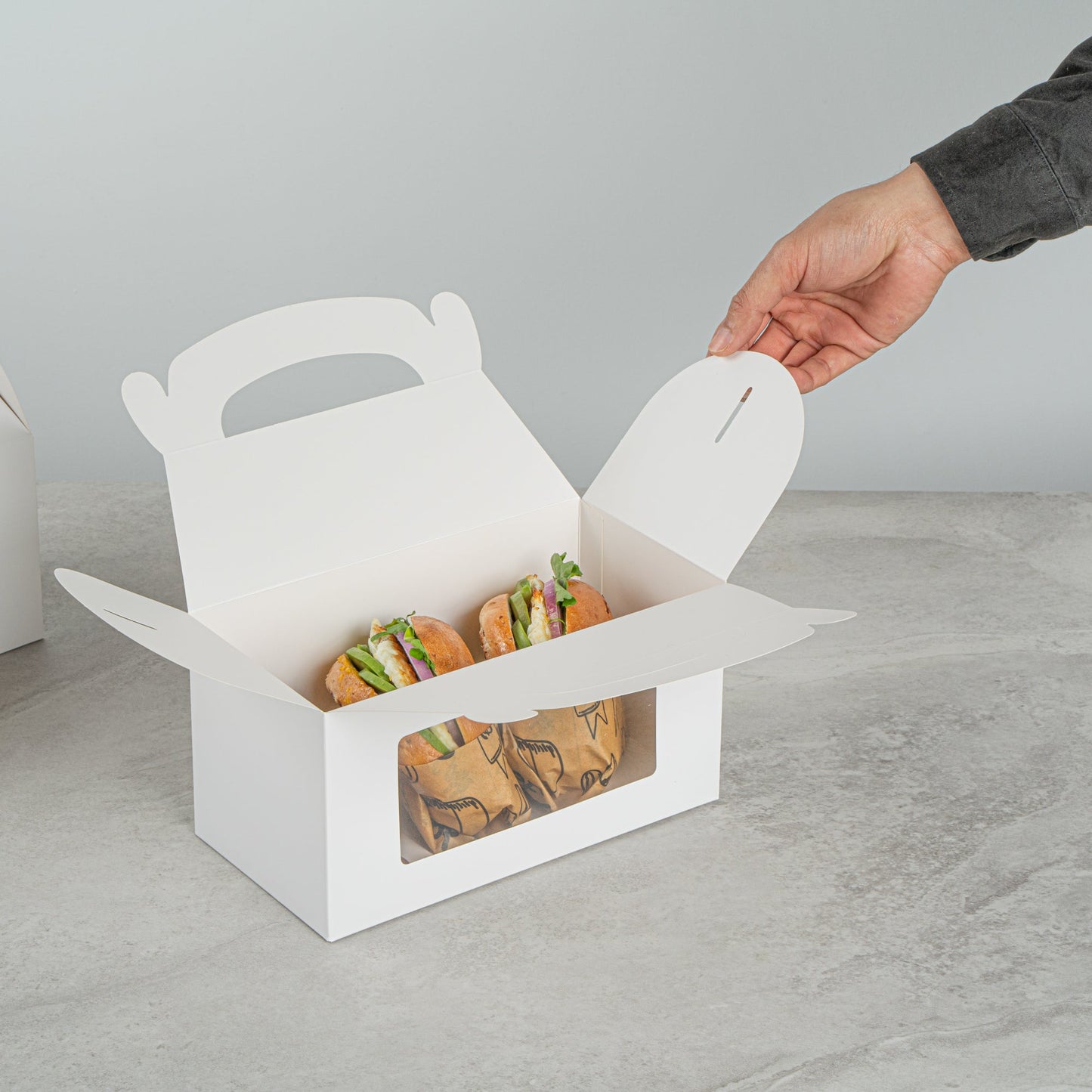 Bio Tek White Paper Gable Box / Take Out Container - Greaseproof, with Window - 9 1/2" x 5" x 5" - 25 count box
