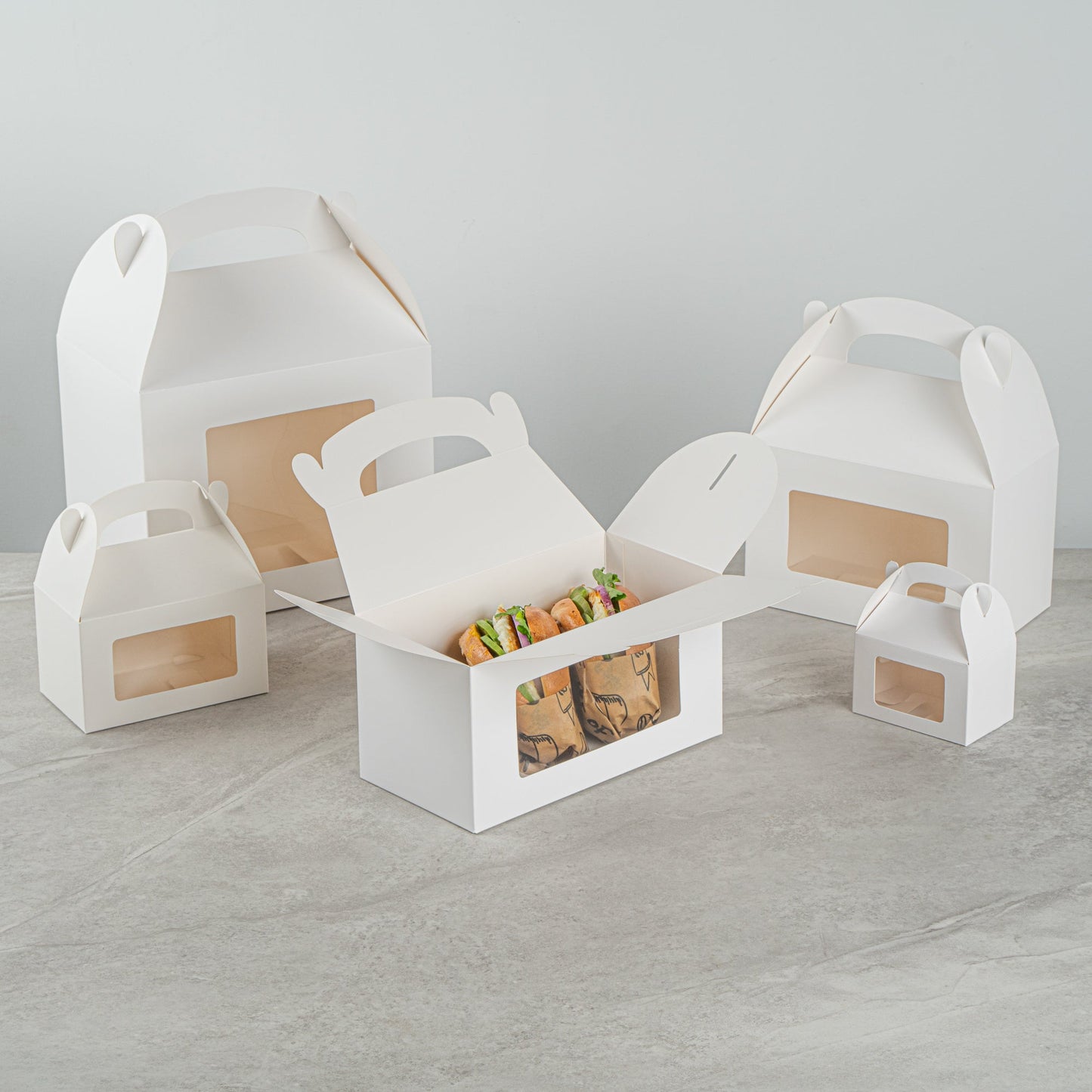 Bio Tek White Paper Gable Box / Take Out Container - Greaseproof, with Window - 9 1/2" x 5" x 5" - 100 count box