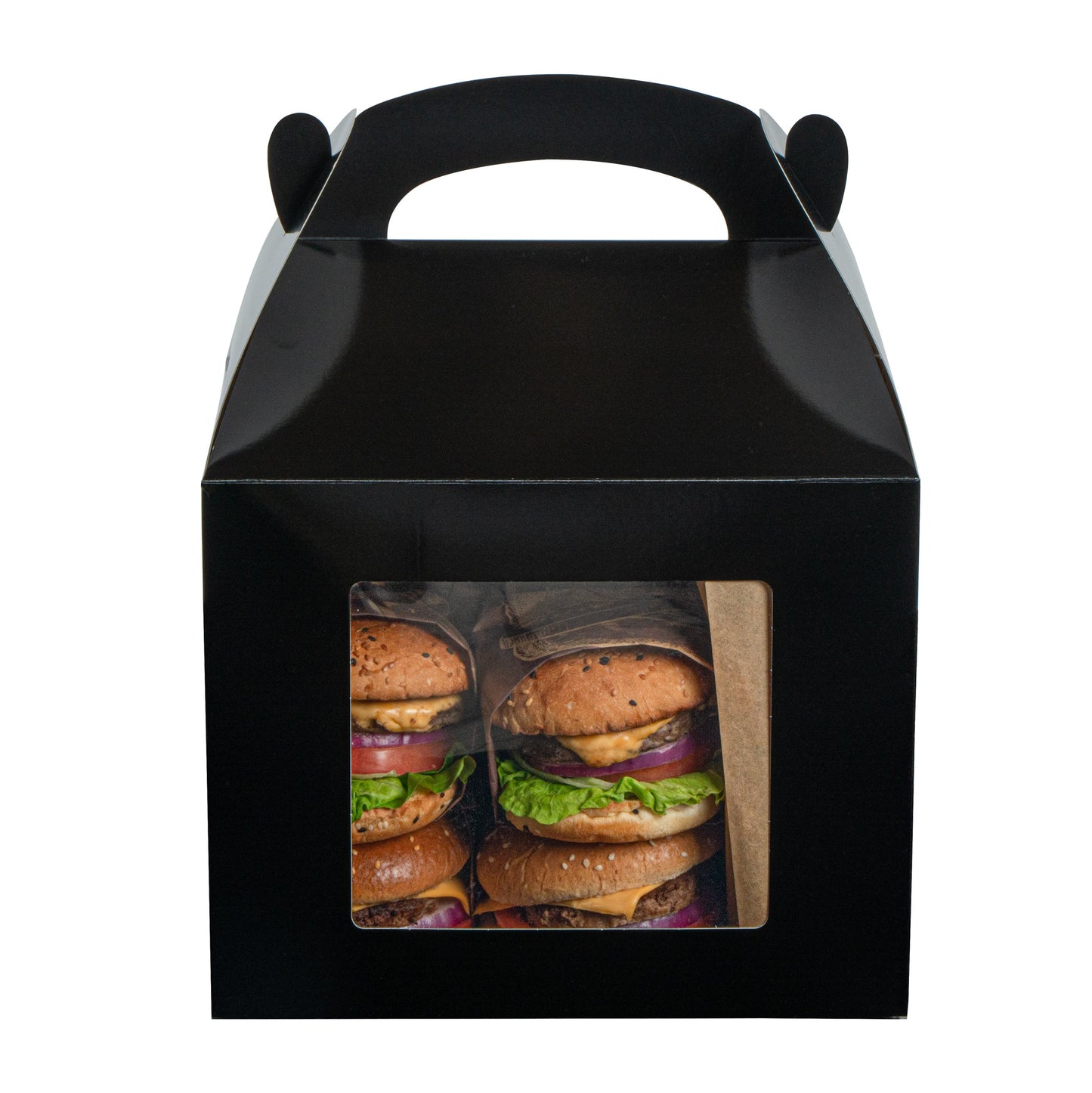 Bio Tek Black Paper Gable Box / Take Out Container - Greaseproof, with Window - 10" x 7" x 8" - 25 count box