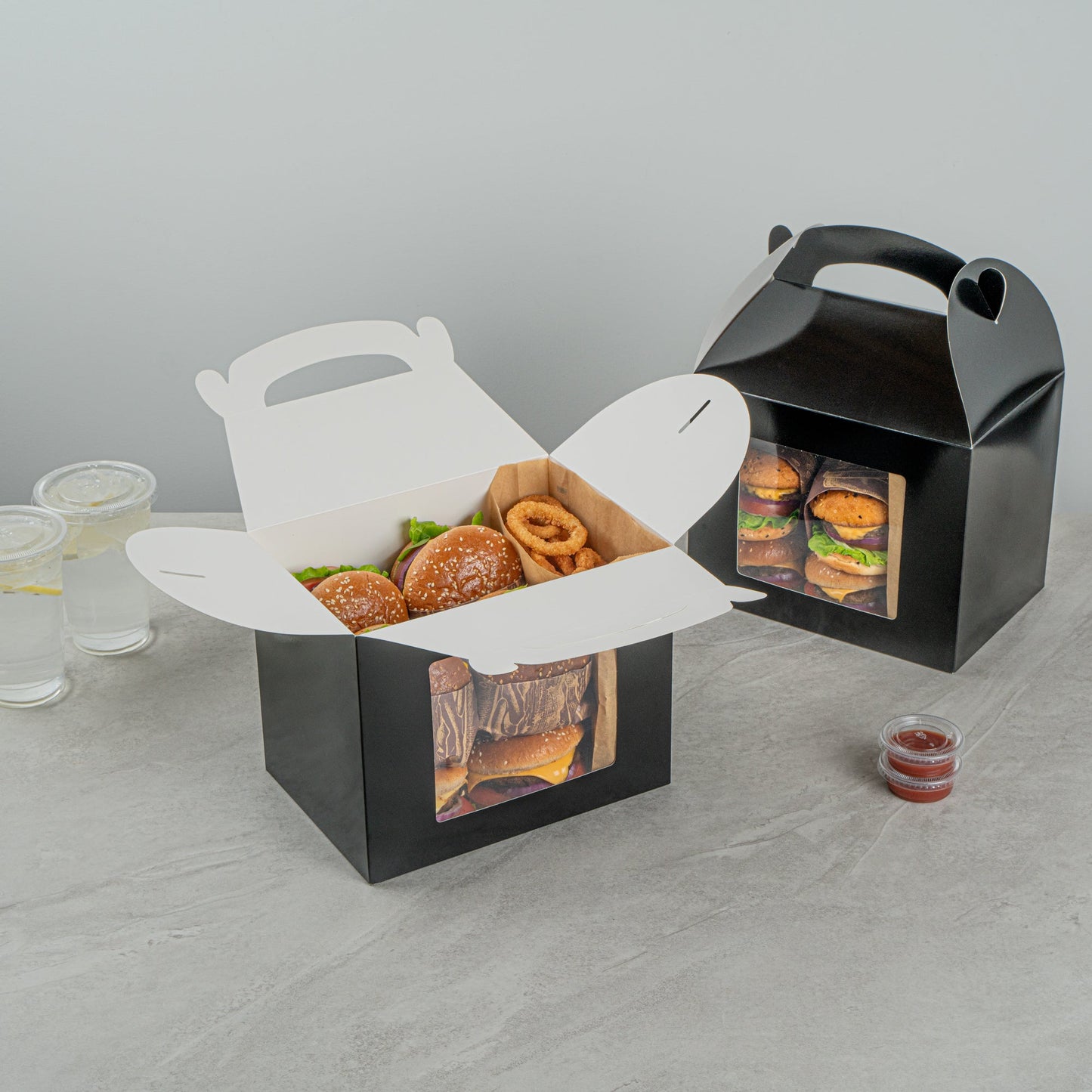 Bio Tek Black Paper Gable Box / Take Out Container - Greaseproof, with Window - 10" x 7" x 8" - 25 count box