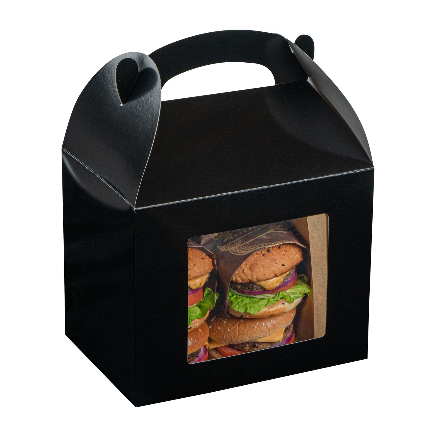 Bio Tek Black Paper Gable Box / Take Out Container - Greaseproof, with Window - 10" x 7" x 8" - 100 count box