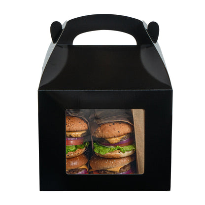 Bio Tek Black Paper Gable Box / Take Out Container - Greaseproof, with Window - 10" x 7" x 8" - 100 count box