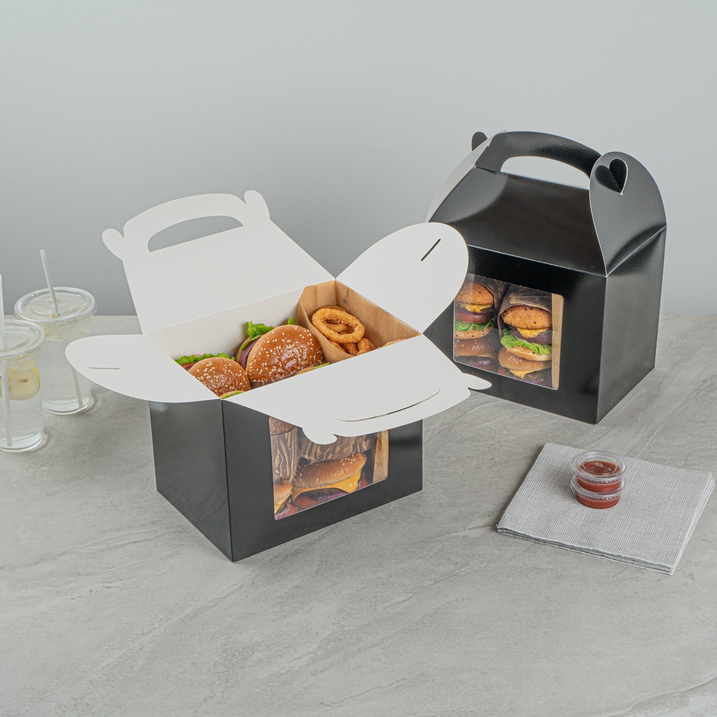 Bio Tek Black Paper Gable Box / Take Out Container - Greaseproof, with Window - 10" x 7" x 8" - 100 count box