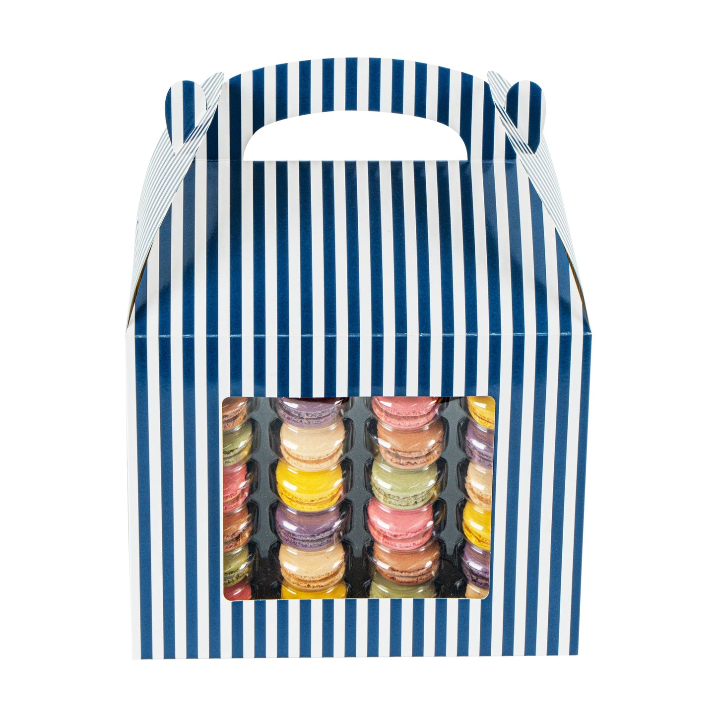 Bio Tek Blue and White Stripe Paper Gable Box / Take Out Container - with Window - 10" x 7" x 8" - 100 count box
