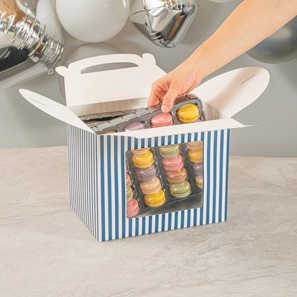 Bio Tek Blue and White Stripe Paper Gable Box / Take Out Container - with Window - 10" x 7" x 8" - 100 count box